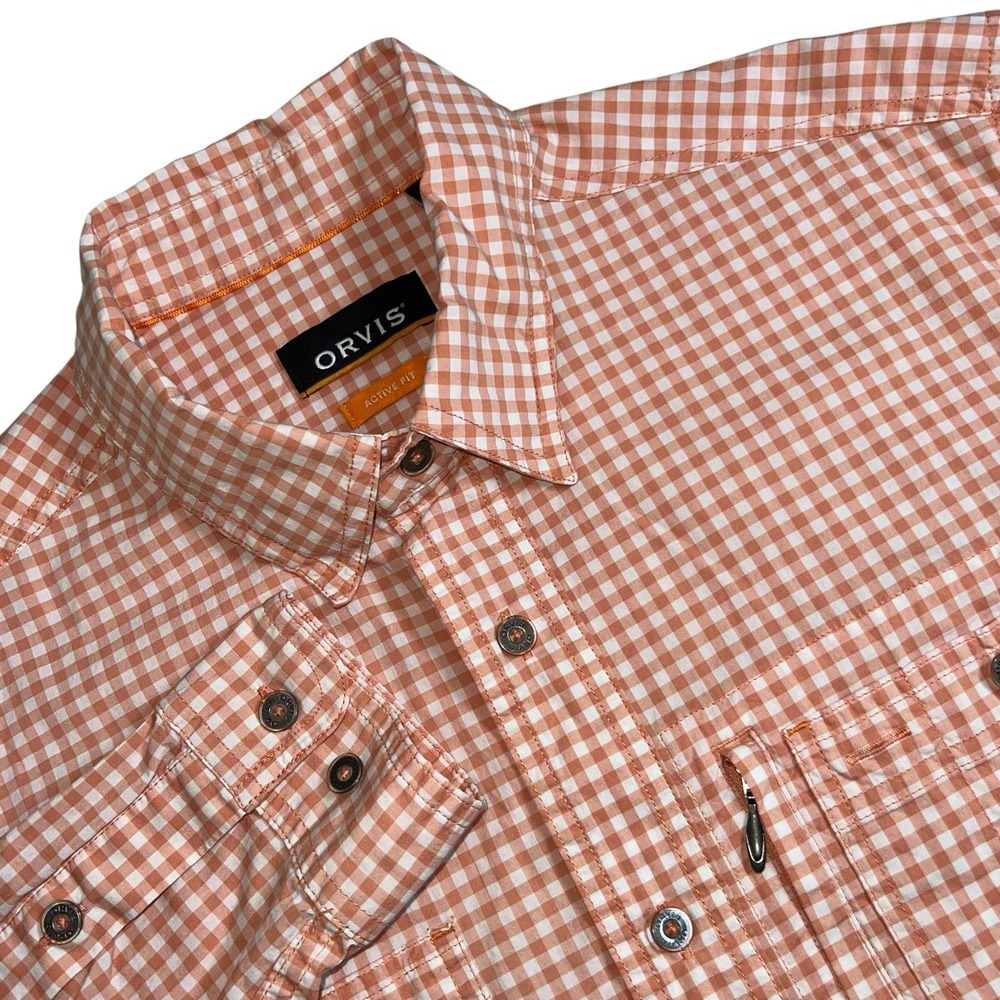 Orvis Men S Coral White Check Active Fit Long Sleeve Button Up Performance Shirt